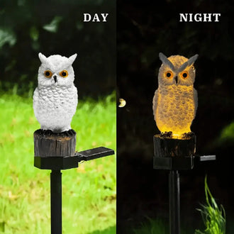 Garden Solar Light Outdoor Decor Resin Owl Solar LED Light with Stake, showing daytime and nighttime illumination.