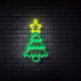Leafy Christmas Tree NEON LED Sign on a brick wall