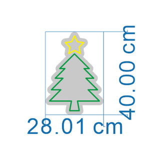 Plain Christmas Tree NEON LED Sign dimensions: 28.01 cm by 40.00 cm with green and yellow accents.