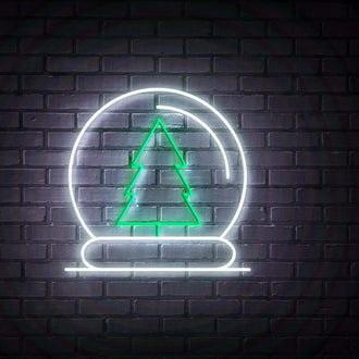 Snowglobe Christmas Tree NEON LED Sign illuminated on a brick wall background.
