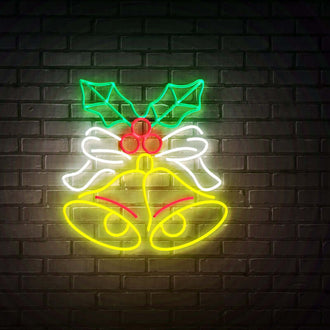 Bells with Holly NEON LED Sign illuminated against a brick wall, featuring vibrant colors and festive design elements.