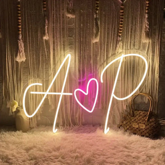 Custom heart neon sign featuring initials A and P, perfect for home decor and wedding celebrations.