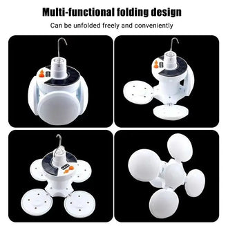 Folding football LED solar light with multi-functional design, showcasing four foldable panels for versatile use.