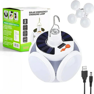 Folding football-shaped solar LED emergency lamp with USB charging and hooks for camping and outdoor use.