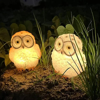 Garden Solar LED Light Outdoor Decor Resin Guardian Owl - illuminated cheerful owl lights in garden setting at night
