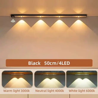 LED cabinet light in black, 50cm with 4 LEDs, showcasing warm, neutral, and white lighting options.