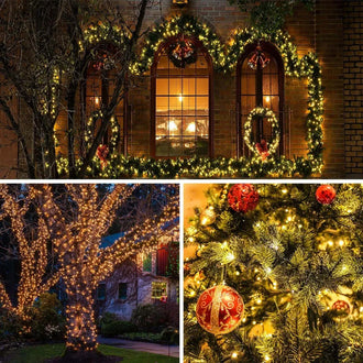 LED Outdoor Solar Fairy Lights - 12m, 100 LED illuminating Christmas decorations on windows and trees.