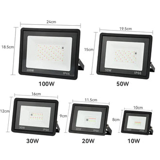 Size comparison of RGB LED floodlights: 100W, 50W, 30W, 20W, and 10W with IP66 waterproof rating.