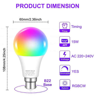 LED Smart Colour Changing Bulb with B22 base, 15W, Bluetooth control, dimmable, 220V AC, dimension diagram.