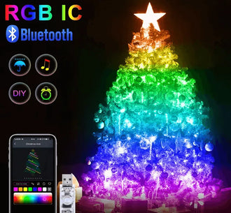 Colorful LED Christmas tree with Bluetooth app control, displaying RGB lighting and festive decorations.