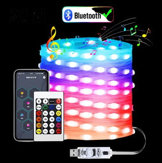 Bluetooth-enabled 20M LED string lights with app and remote control for colorful decor and music sync.