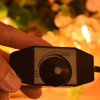 Close-up of a hand holding a dimmer switch for LED string lights, showing the adjustable dial.