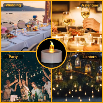 Collage of LED tealight candles at Wedding, Valentine, Party, and Lantern settings showcasing cozy atmosphere.