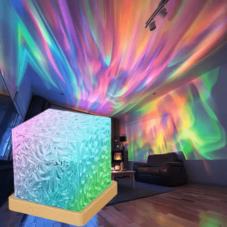 Ocean Wave RGB Aurora Lamp Cube projecting colorful lights on a ceiling in a cozy living room setting.