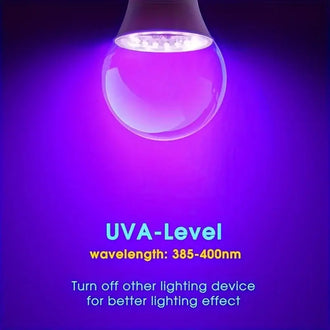 Purple UV LED light bulb with UVA-level wavelength 385-400nm, ideal for enhancing party and spooky decor effects.