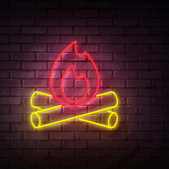 Red Fireplace NEON LED Sign showcasing vibrant neon flame design on a brick wall background.