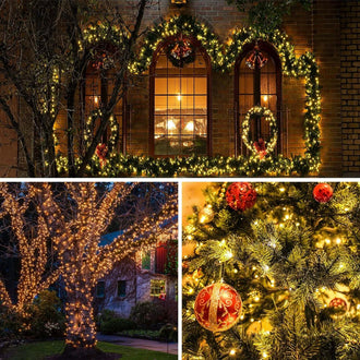 LED Outdoor Solar Fairy Lights - 12m, 100 LED illuminating Christmas decorations on windows and trees.