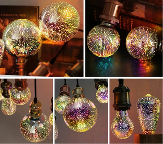 3D Fireworks LED Edison Bulb showcasing dazzling light effects in various decorative settings.