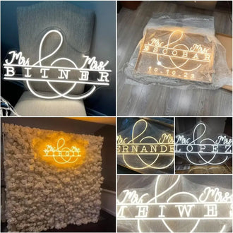 Custom Mr & Mrs LED neon signs displayed on different backgrounds, showcasing personalized names for weddings.