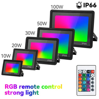 RGB LED floodlights in various wattages with remote control, showcasing vibrant colors and IP66 waterproof rating.