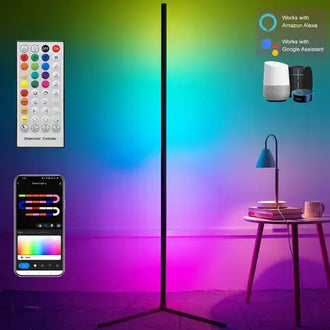 Smart LED Dream Colour Floor Lamp with app control, remote, and colorful lighting for mood enhancement.