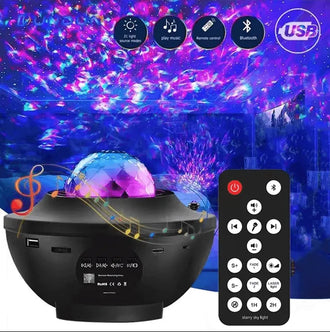 Starry Galaxy Projector with remote, displaying colorful galaxy lights and music features for a magical night atmosphere.