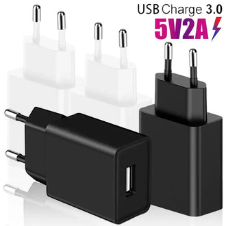 Universal EU plug USB wall charger, 5V 2A power adapter for safe charging of devices.