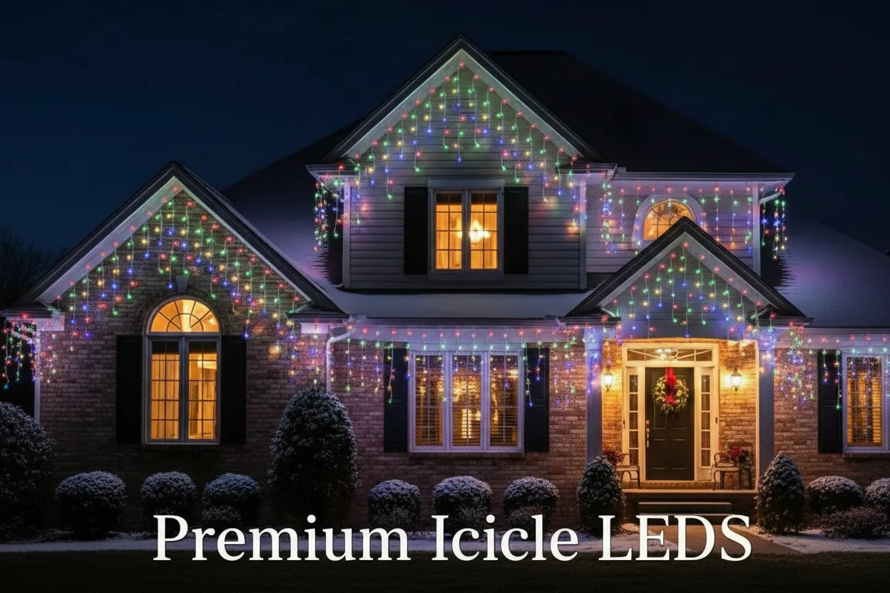 House decorated with colorful LED icicle lights at night