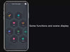 Smartphone interface displaying functions and scenes for controlling LED fairy lights via Bluetooth app.