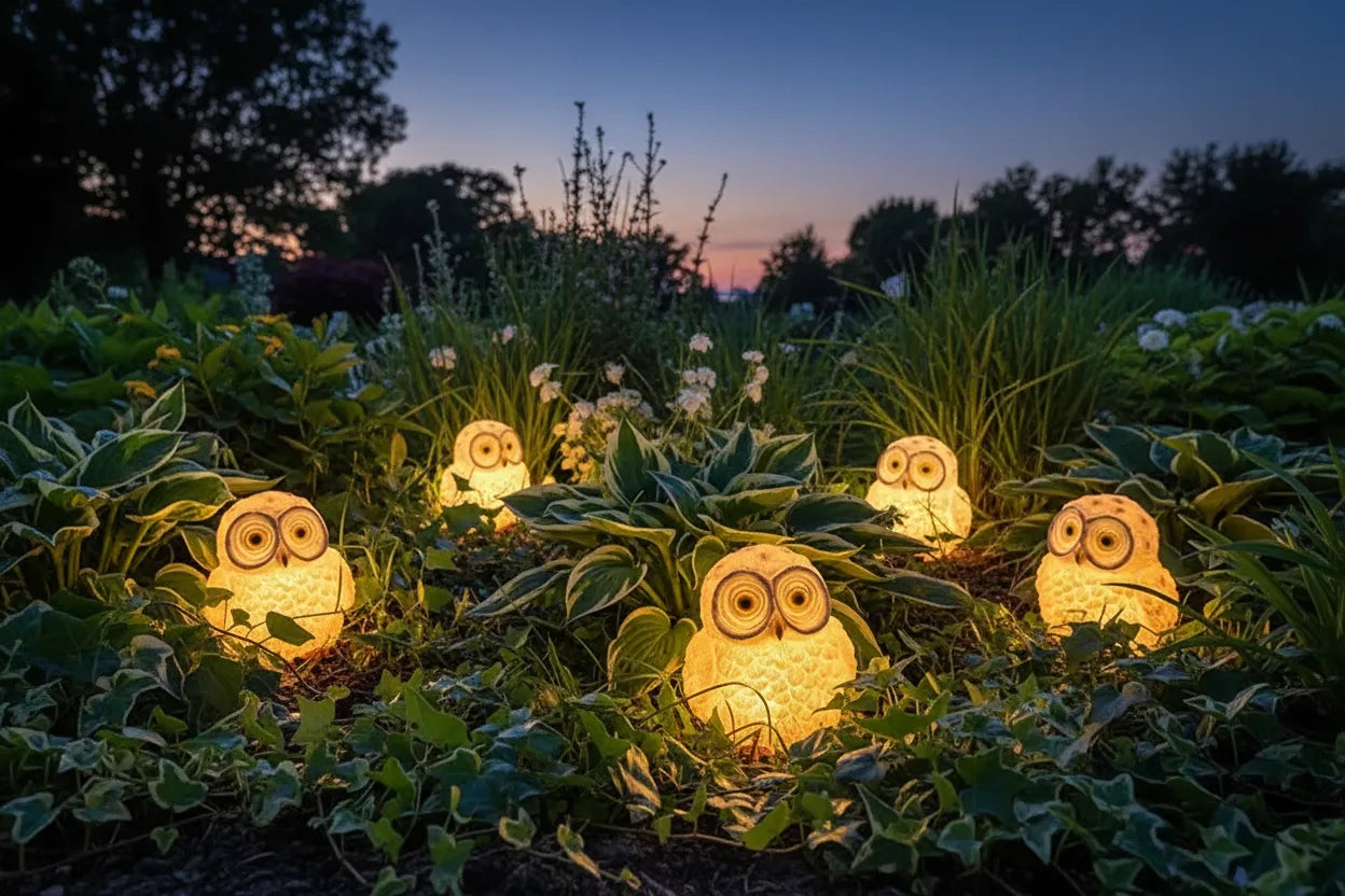 Five owl-shaped garden lights in a grassy area with a twilight sky.